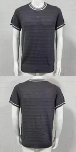 Detailed front and back views of men's slim fit short sleeve knitted crew neck shirt