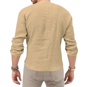 Detailed back view of a men's slim fit long-sleeved linen Henley shirt in khaki beige