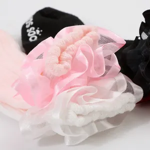Detailed close-up of delicate pink and white lace ruffles on children's princess socks