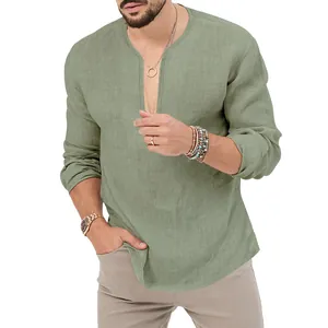 Detailed view of a slim fit sage green linen long-sleeve Henley shirt on model