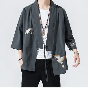 Men's traditional Chinese kimono cardigan featuring vintage crane embroidery in loose fit
