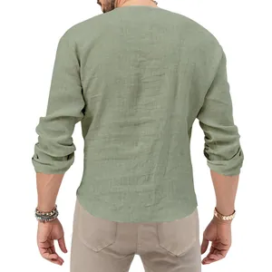 High quality back view detail of a men's casual sage green cotton linen long sleeve shirt