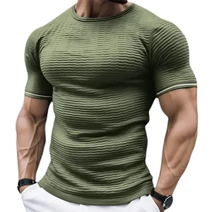 Men's olive green slim fit muscle T-shirt featuring a unique textured knit pattern and crew neck