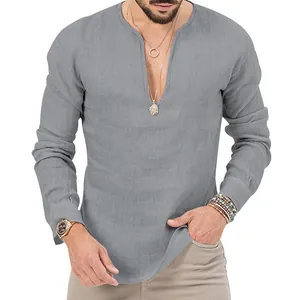 Close-up detail of a grey long-sleeved linen Henley shirt featuring a deep V-neck
