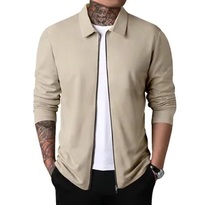 Veste zippée beige en maille gaufrée pour hommes avec col à revers classique chic