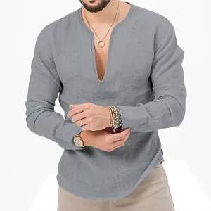 Detail view of a grey men's linen long sleeve t-shirt featuring a deep v-neck design