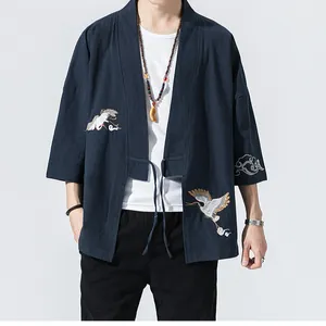 Retro navy blue men's Japanese style kimono cardigan featuring exquisite crane embroidery detail