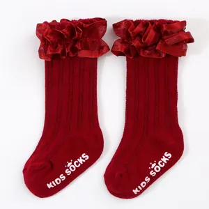 Red princess socks for girls with ruffled trim and non-slip white kids socks print