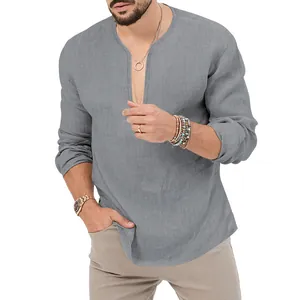 Detail of men's slim fit gray linen long sleeve Henley shirt with deep V-neck design