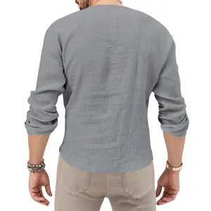 Back view detail of a men's slim-fit grey linen-blend long sleeve Henley shirt