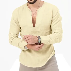 Detail view of men's beige cotton linen long sleeve shirt featuring a casual deep V-neckline