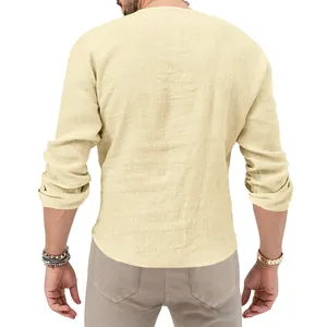 Back view of a men's beige long sleeve linen shirt showing natural fabric texture.
