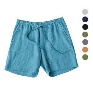 Detailansicht der atmungsaktiven Herren-Leinen-Shorts mit Kordelzug und Farben