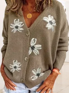Cardigan in Maglia Ricamato Floreale Vintage da Donna Maglione in Acrilico con Scollo a V Manica Lunga
