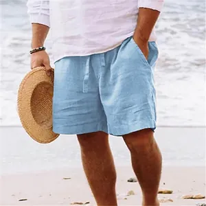 Pantaloncini da spiaggia casual in cotone e lino azzurro da uomo con coulisse.