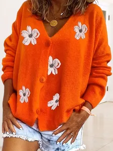 Cardigan oversize arancione vintage con ricami floreali bianchi per l'autunno inverno
