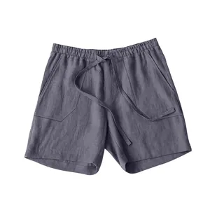 Close-up of breathable linen shorts for men with drawstring elastic waist in grey