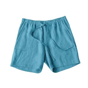 Hellblaue sommerliche Leinen-Freizeitshorts für Herren mit Kordelzug und Gummibund