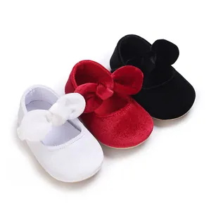 Premium soft velvet baby girl princess shoes with large decorative bow knots in three colors