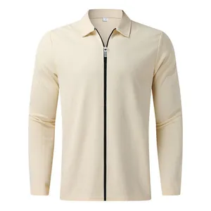 Detail of men's heavyweight waffle knit jacket with full zipper and lapel collar