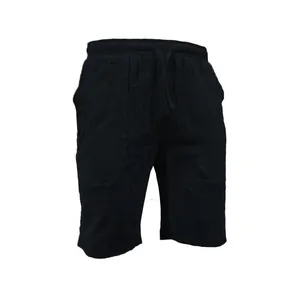 Vista frontale dettagliata dei pantaloncini da uomo neri in cotone e lino con coulisse