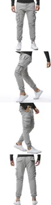 Four-angle view of grey men's cargo jogger pants with multi-pockets and drawstring