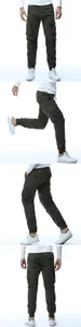 Detailed views of men's olive green cargo jogger pants with drawstring and multi-pockets