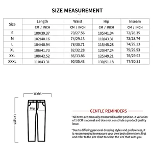 Size measurement chart for men's trousers showing waist, hip, length, and inseam dimensions.