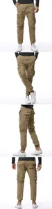 Detailed views of khaki men's cargo joggers with drawstring waist and multiple pockets