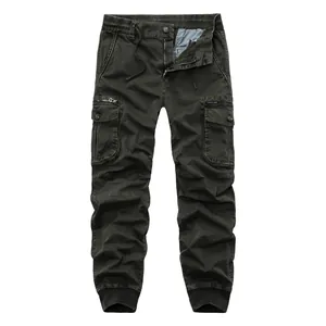 Front view of men's dark olive cargo jogger pants with multi-pockets and drawstring.