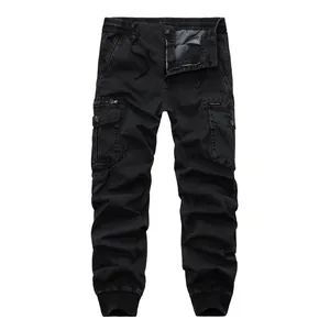 Black men's cargo jogger pants with drawstring waist and multiple functional pockets