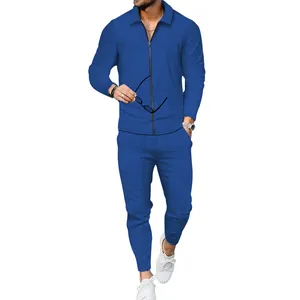 Men's blue waffle-knit tracksuit with long sleeve zipper jacket and slim fit pants