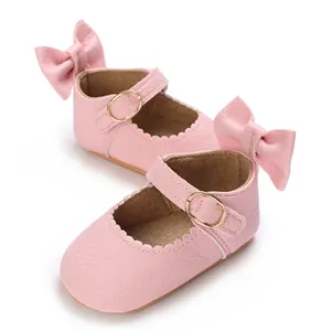 Pink baby girl Mary Jane shoes with decorative bow and anti-slip rubber sole