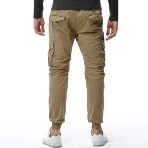 Casual khaki multi-pocket cargo jogger pants for men seen from the back on white background