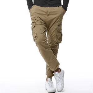 Casual khaki cargo pants for men with drawstring waist and multi-pocket design