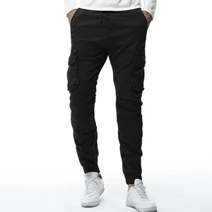 Stylish casual men's black cargo jogger pants with drawstring and multiple side pockets