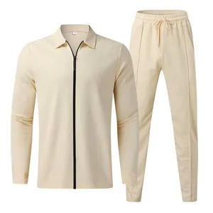 Men's cream waffle-knit tracksuit set with zip-up polo and matching joggers