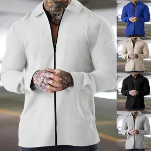 Detailed view of men's waffle-knit zipper jacket with lapel in multiple colors