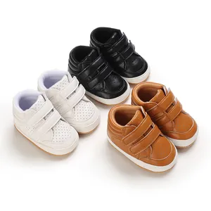 Retro PU Leather Baby Boy Prewalker Shoes Vintage Non-slip Soft Sole Perforated Velcro Walking Shoes For Infants