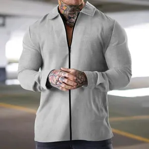 Detail view showing the grey waffle knit texture of this men's casual zip-up jacket