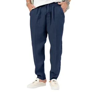 Dunkelblaue Leinen-Freizeithose für Herren mit elastischem Kordelzug und lockerer Passform