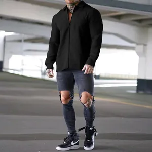 Men's black waffle-knit long-sleeve jacket with zipper closure and lapel collar