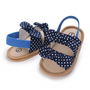 Detalle de sandalias azul marino con lunares para bebé con suela blanda y lazos.