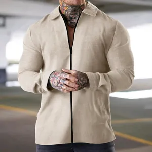 Detailed view showing the premium waffle texture of this men's zip-up lapel jacket in beige
