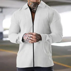 Detail view of men's white waffle knit jacket with zipper and classic collar design