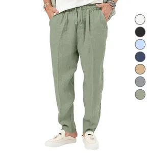Herren Sommer Leinen Freizeithose Lockere Passform Kordelzug Taille Gerade Bein Gewebte Hose Für Herren Alltagsmode Strandbekleidung