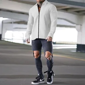 Men's white waffle knit long sleeve casual zipper jacket for autumn style in urban setting