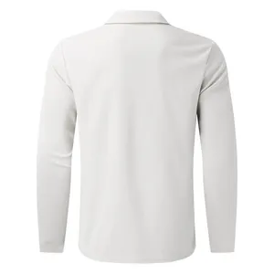 Back view of white waffle knit long sleeve men's jacket with lapel collar.