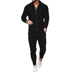 Elegante conjunto de chándal gofrado negro para hombre con chaqueta y pantalón largo