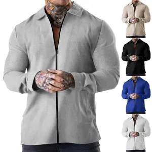Men's Casual Waffle Texture Zipper Jacket Long Sleeve Lapel Cardigan Sporty Solid Color Fashion Outerwear Slim Fit Top